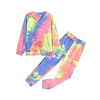 2 Pieces Girls Outfits Tie Dye Sweatsuits Pant Set Long Sleeve Athletic Sweatshirts and Sweatpants with Pockets