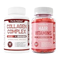 Purely Optimal Premium Multi Collagen Peptides Capsules (Types I, II, III, V, X) + Premium Hair Vitamins Supplement-Gummy Vitamins w/Biotin, Folic Acid, Vitamins A&D