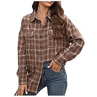 Women's 2023 Fall Plaid Shacket Jacket Long Sleeve Button Down Flannel Shirts Boyfriend Blouse Cardigan Outwear