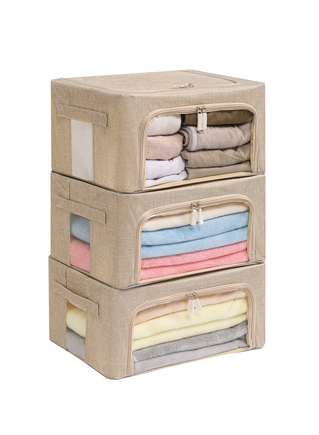 3Pack Foldable Storage Bins - Frame Storage Box Linen Fabric Stackable Clothes Container Organizer with Clear Window & Carry Handles Large Capacity...