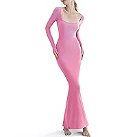 KIKIMINK Women's Maxi Dress with Square Neck, Sexy Lounge Long Sleeve Bodycon Dresses with Ribbed for Home, Party, Work
