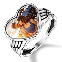 Personalized Photo Rings for Women Girl- Custom Made Dainty Heart-Shaped/Claddagh Ring with Picture Inside - 925 Sterling Silver/Stainless Steel Engraved Memory Jewelry