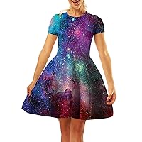 Maxi Dress Plus Size 3X,Women's Casual Starry Sky Digital Print A Line Short Sleeve T Shirt Dress Swing Skirt S