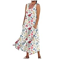 Spring Dresses for Women 2024 Printed Flowy Sun Dress with Pocket Sleeveless Vacation Beach Dress Casual Swing Dress