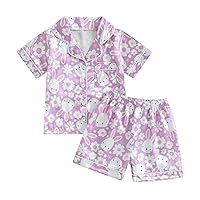 Multitrust Easter Day Kid Baby Girl Boy Silk Pajamas Set Bunny Short Sleeve Button Down Shirts and Pants Rabbit Pj Lounge Set