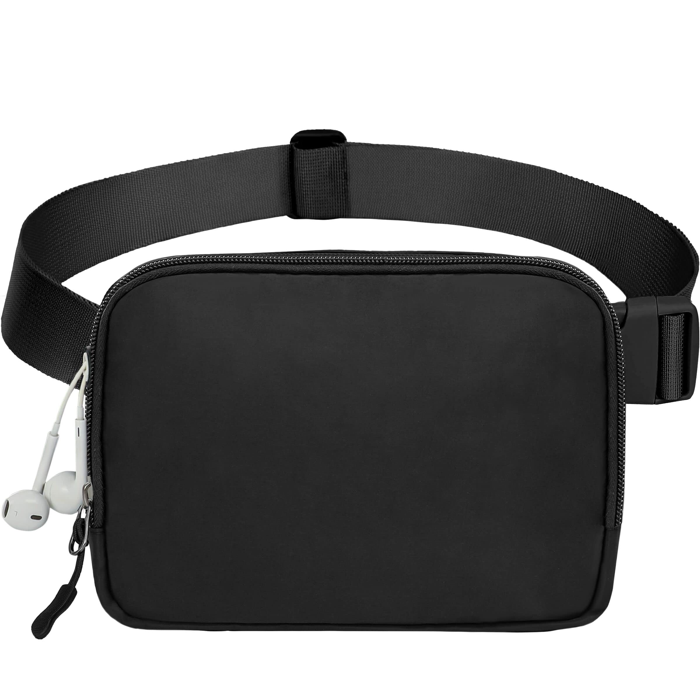 Fanny Packs For Women Men, Belt Bag with Headset Hole Key Rope Card Holder, Fashionable Black Waist Bag with Adjustable Strap for Running Hiking Walking Travel (Black)
