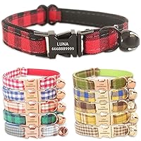 PETDURO Handmade Personalized Plaid Cat Collars with Bell & Name Engraved Metal Buckle Customized for Cute Girl and Boy Cats - Matching Bow Tie Available (L, Red Black Plaid Black Buckle)
