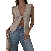 Women Vintage Crochet Vest Tank Top Y2k Sleeveless V Neck Knit Open Front Crop Top Streetwear