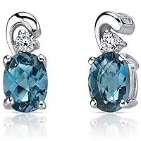 Peora London Blue Topaz Earrings for Women 925 Sterling Silver, Natural Gemstone Birthstone, 1.50 Carats total Oval Shape 7x5mm, Friction Backs