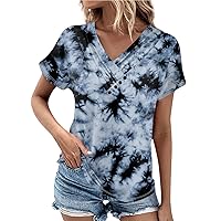 Women's Summer Tops Spring and Fashion Retro Printed T-Shirt Pleated Button V Neck Short Sleeve Top Shirts, S-2XL
