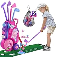 Toddler Golf Set, Upgraded Kids Golf Clubs with 12 Balls, Putting Mat, Shoulder Strap, Indoor Outdoor Sport Toys Gift for Boys Girls Aged 1-5 Years Old, Pink