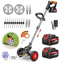 Electric Weed Wacker 21V Cordless Weed Eater, 2X 4.0Ah Battery Powered Brush Cutter,Adjustable Lightweight Wheeled Grass Trimmer, Contain 4 Function Blades,for Lawn Yard Garden