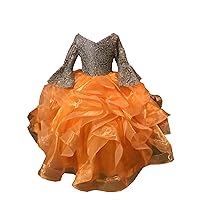 Mollybridal 2024 V Neck Ball Gown Ruffles Juliet Long Sleeves Pageant Prom Party Dresses for Toddler Little Girls Juniors