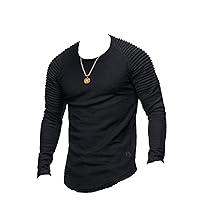 Men Casual Pleated Raglan Long Sleeve Crewneck T Shirt Fashion Slim Fit Sweatshirt Tee Tops Hipster Shirt (Black,Large)