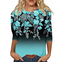 3/4 Sleeve Tops for Women Casual Pullover Plus Size Comfy Crewneck Floral Printed Going Out Summer Tops for Women