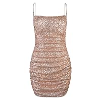 Women's Short Dress Spaghetti Strap Sleeveless Ruched Sequin Dress Summer