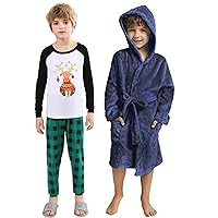 V.&GRIN Kids' Fleece Robe and Christmas Pajamas Matching Set Holiday Printed Top Plaid Pants Pjs Sleepwear for Boys
