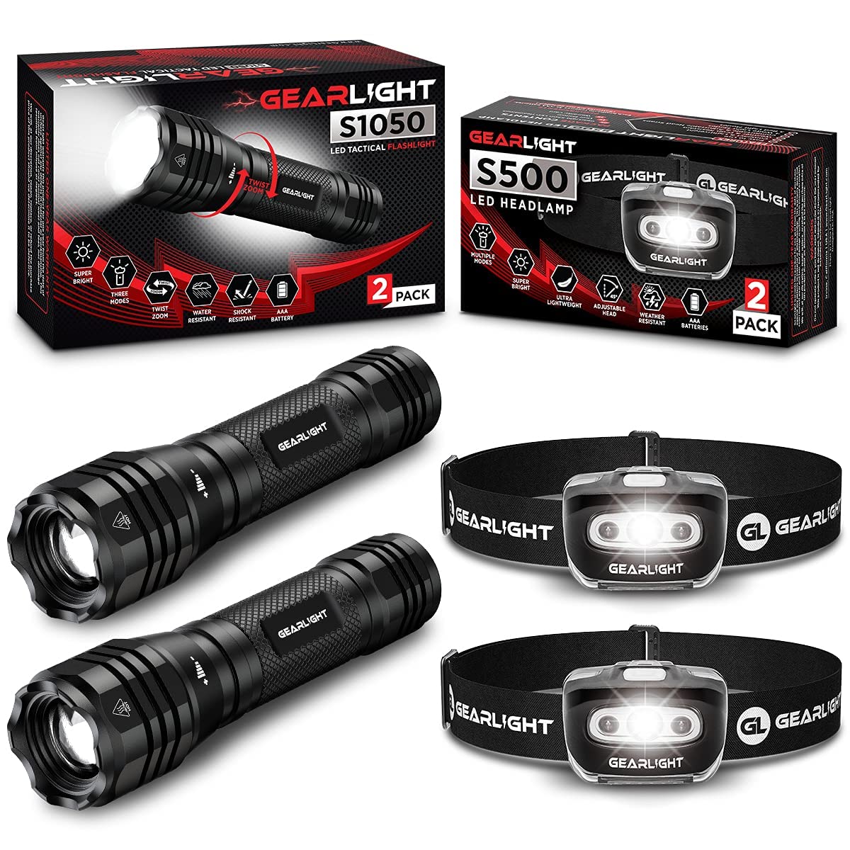 GearLight S500 LED Headlamp [2 Pack] + GearLight S1050 LED Tactical Flashlight [2 Pack]