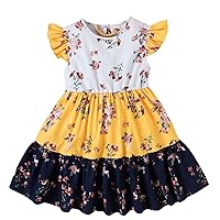 Little Child Girls Dress Summer Floral Print Tricolor Splicing Flying Sleeve Waist Princess Dress Girl (Orange, 6 Years)