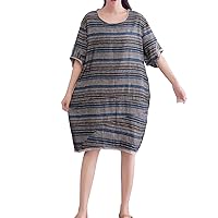Women's Casual Loose Summer Stripes Midi Linen Dresses with Pockets