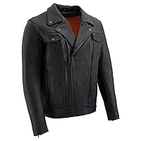 LKM1720 Men's Black 'Pistol Pete' Motorcycle Vented Leather Jacket with Multi-Utility Pockets