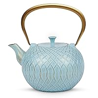 Tea Kettle, Toptier Japanese Cast Iron Tea Kettle for Stove Top, Stovetop Safe Teapot with Infusers for Loose Tea, 34 Ounce (1000 ml), Turquoise Melody