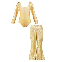 YiZYiF Kids Girls 2Piece Gymnastics Yoga Dance Outfits Long Sleeve Sparkly Dance Unitards Bodysuit with Flared Pants Set