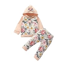 Footsies Baby Girl Kids Long-Sleeved Set Floral Tops+Floral Clothes Baby Pants Print Hooded Girls Outfits&Set Crib (Pink, 12-18 Months)