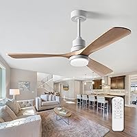 52 Inch Ceiling Fans with Lights and Remote, Quiet Reversible DC Motor and 3 Color LED Light, 3 Blades 6 Speed Wood Ceiling Fan for Farmhouse Living Room Bedroom Dining Room Workroom Study