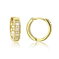 Sterling Silver Yellow Round & Straight Baguette Cubic Zirconia 13X3mm Huggie Earring