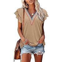 Angerella Short Sleeve Lace V Neck Shirts for Women Floral Print Tunic Tops Blouses