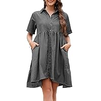 Women's Denim Babydoll Dress Short Sleeve Collared Button Down Tiered Summer Flowy Jean Dresses with Pockets