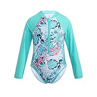 Girls One Piece Rash Guard Swimsuit Long Sleeve Printed Zippered Bathing Suit