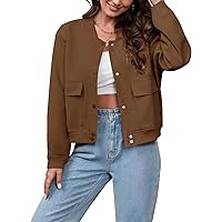 MEROKEETY Women's Cropped Bomber Jacket Long Sleeve Button Down Varsity Shacket Coats with Pockets