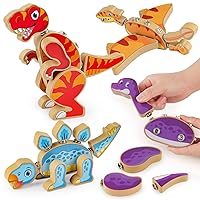 Dinosaur Building Block Set, Wooden Snap-Connection Dinosaur Builders, STEM Take Apart Dinosaurs Playset, Fine Motor Skill Educational Learning Toy Gift for 3 4 5 Years Old Kids