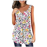 Plus Size Tank Tops for Women Summer V-Neck Sleeveless Shirts Buttons Up Loose Fit Pleated Flowy Tunics Pullover S-5xl