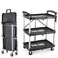 Portable Folding Service Cart - 3 Tier 330LBS Capacity - Rolling Cart Utility Cart Foldable Cart with Wheels for Warehouse Home Workshops Garages Restaurants Offices