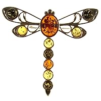 BALTIC AMBER AND STERLING SILVER 925 DESIGNER MULTI-COLOURED DRAGONFLY BROOCH PIN JEWELLERY JEWELRY