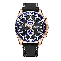 MEGIR Men's Watch Waterproof Sport Chronograph Casual Fashion Analog Quartz Watch Luxury Military Leather Large Dial Watch, gold