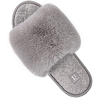 LongBay Women's Fuzzy Faux Fur Memory Foam Cozy Flat Spa Slide Slippers Comfy Open Toe Slip On House Shoes Sandals