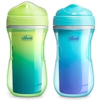 Chicco 9oz. Double-Wall Insulated Sippy Cup with Bite-Proof Rim Spout and Spill-Free Lid | Top-Rack Dishwasher Safe | Easy to Hold Ergonomic Indents | Green/Teal Ombre, 2pk| 12+ Months
