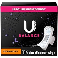 U by Kotex Balance Ultra Thin Overnight Pads with Wings, 114 Count (3 Packs of 38) (Packaging May Vary)