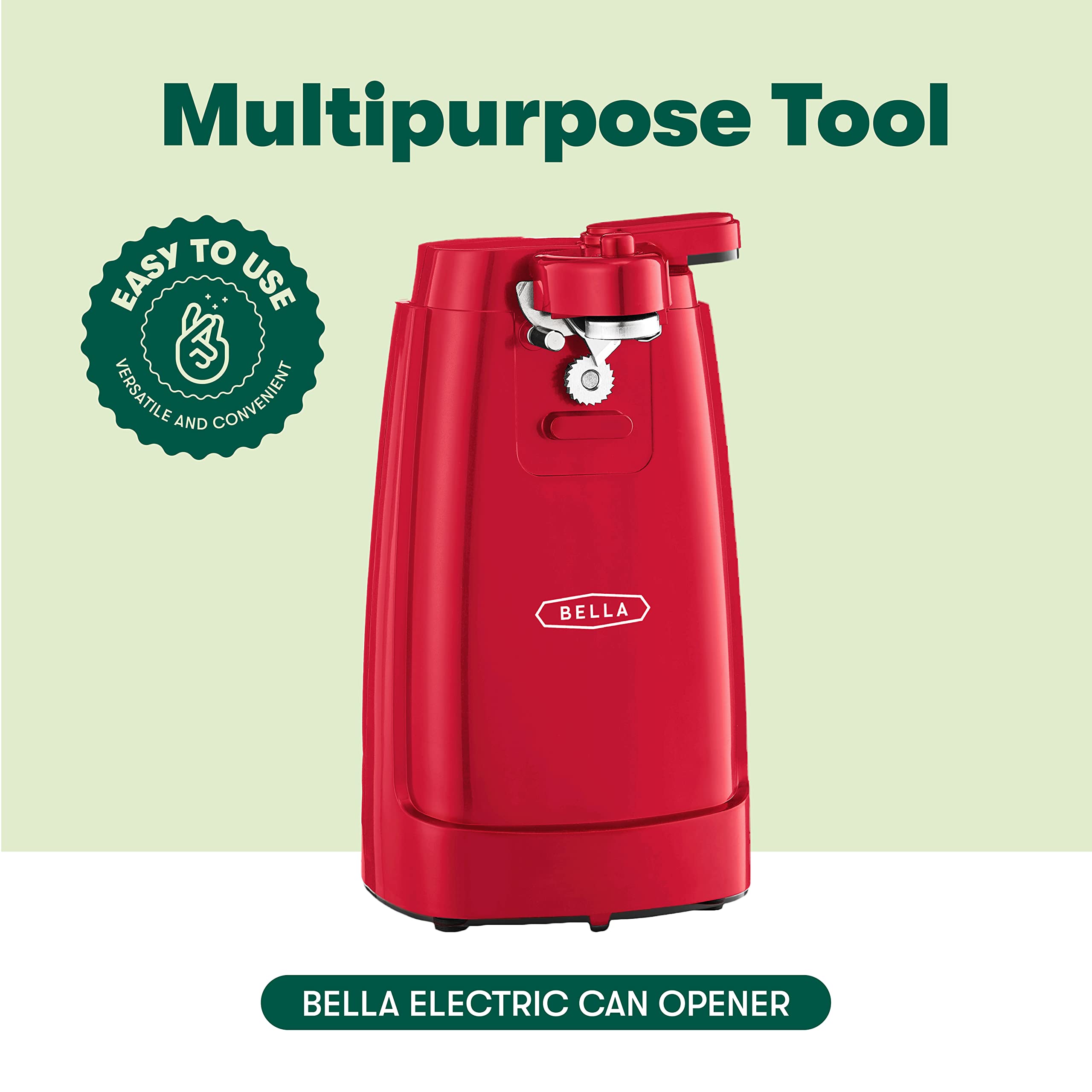 BELLA Electric Can Opener and Knife Sharpener, Multifunctional Jar and Bottle Opener with Removable Cutting Lever and Cord Storage, Stainless Steel Blade, Red