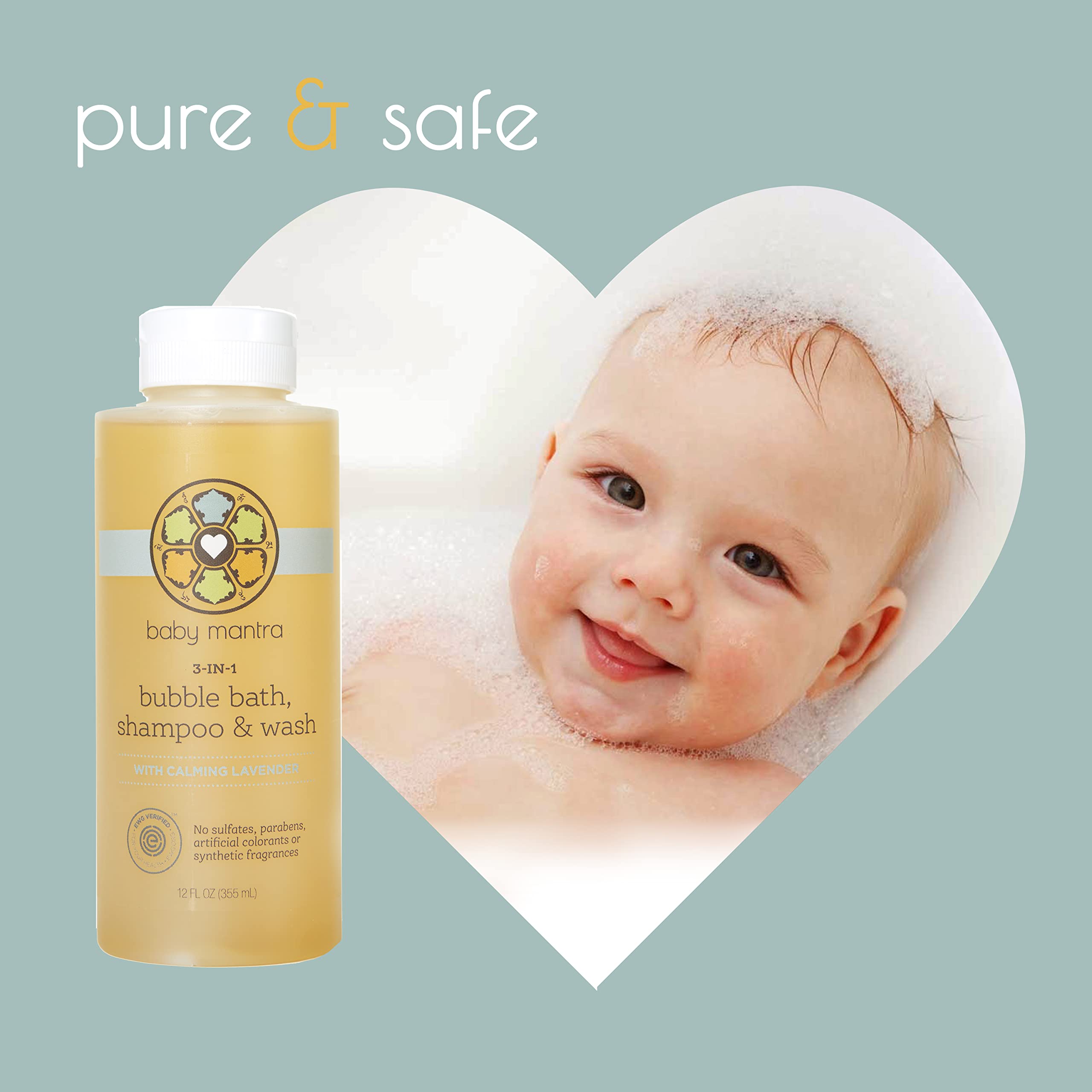 Baby Mantra 3-in-1 Bubble Bath, Shampoo and Body Wash made with Natural, Hypoallergenic, & EWG Verified Ingredients for Infants, Toddlers, and Kids with Sensitive Skin, 12 Fluid Ounces