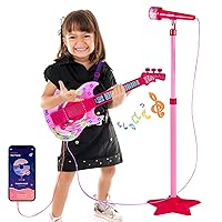 Guitar and Microphone Play Set for Girls,Microphone Toys with Stand,Karaoke Machine with Music&Light,Adjustable Height Guitar Toys for Kids,Toddlers,Child(Red)