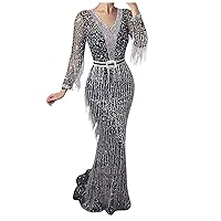 Women's Mermaid Dress 1920s V-Neck Evening Gown Sequin Beaded Maxi Dress for Wedding Prom Formal Business Cocktail Party