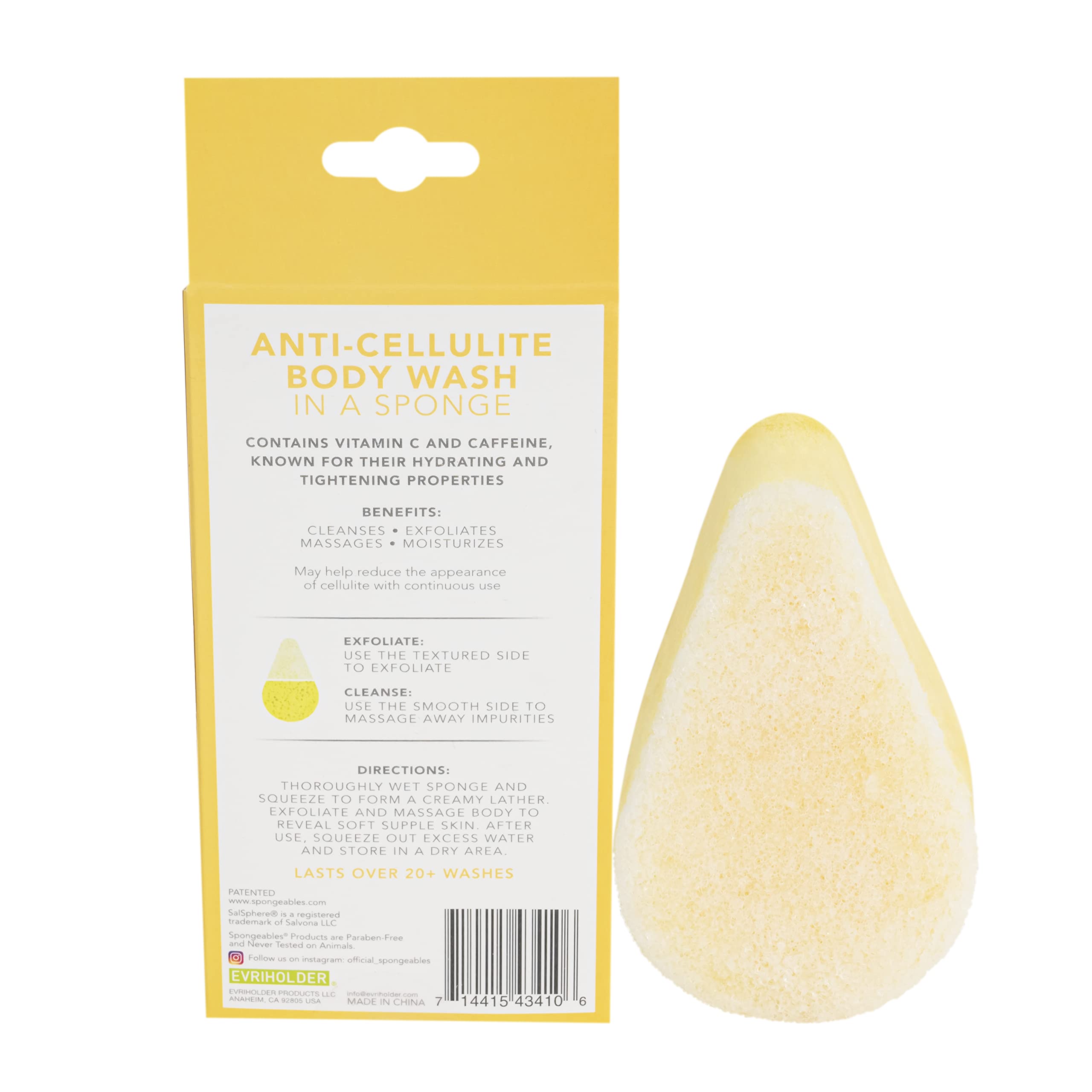 Spongeables AntiCellulite Body Wash in A Sponge with Vitamin C, Reduce The Appearance of Cellulite, Moisturizer and Exfoliator for The Body, 20+ Washes, Citrus, 3 Count