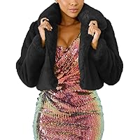 Nihsatin Womens Solid Cropped Long Sleeve Shaggy Jacket Lapel Faux Fur Coat Outwear Warm Winter