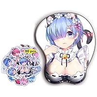 Babymiu Rem Anime Mouse Pads（with Rem Stickers 50pcs） Gifts Anime Merch Wrist Rest Support Soft Silicone Ergonomic 3D Mouse Pad Mat Gaming Mousepad for Computer Laptops