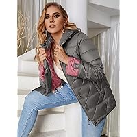 2022 Women's Plus Size Coats Fashion Plus Decor Detail Contrast Panel Hooded Argyle Quilted Coat Work Leisure Fashion Comfortable Warm (Color : Dark Grey, Size : X-Large)